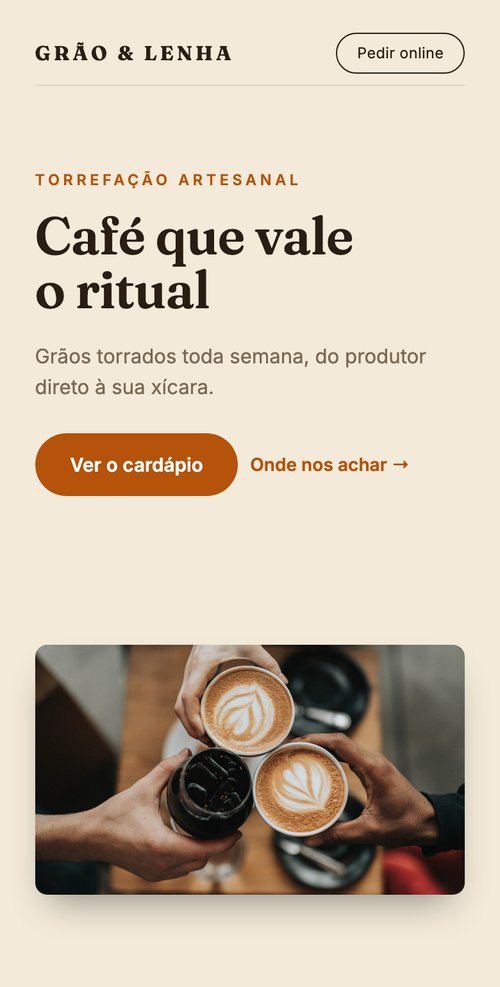 Site de cafeteria Grão & Lenha no celular